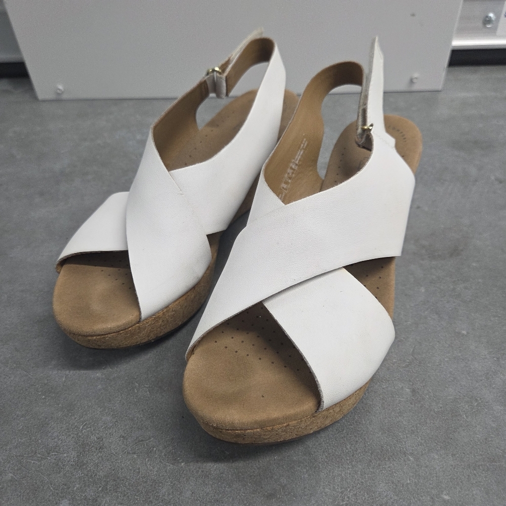 Clarks White Leather Crisscross Slingback Wedge Sandals